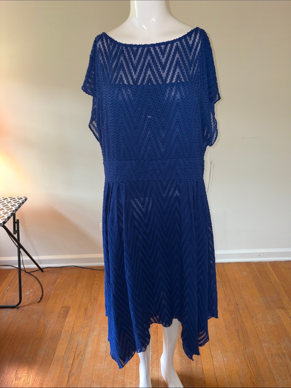 Adrianna Papell Navy Blue Crochet Overlay Asymmetrical Dress